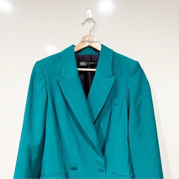 Zara Long Buttoned Blazer in Green Blue - Picture 9 of 16